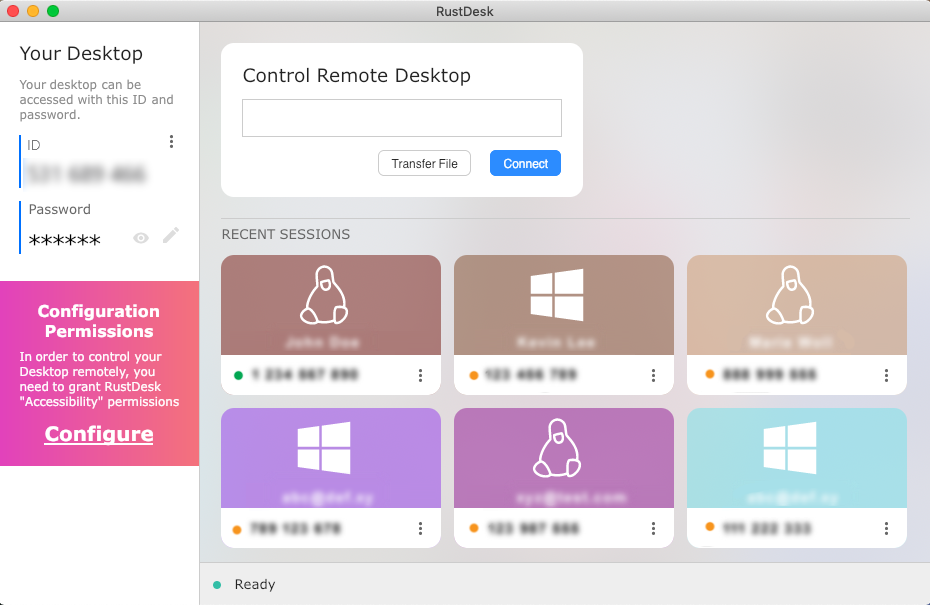 RustDesk bağlantı ekranı: sol tarafta yerel kimlik, sağda uzak bilgisayar alanı